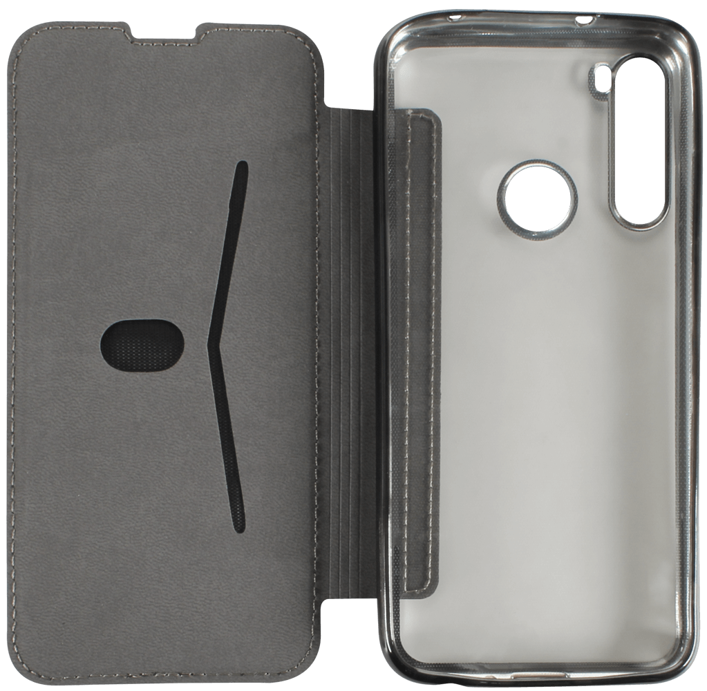Xiaomi Redmi Note 8 2021 oldalra nyíló flipes bőrtok átlátszó szilikon hátlap, fémhatású keret fekete
