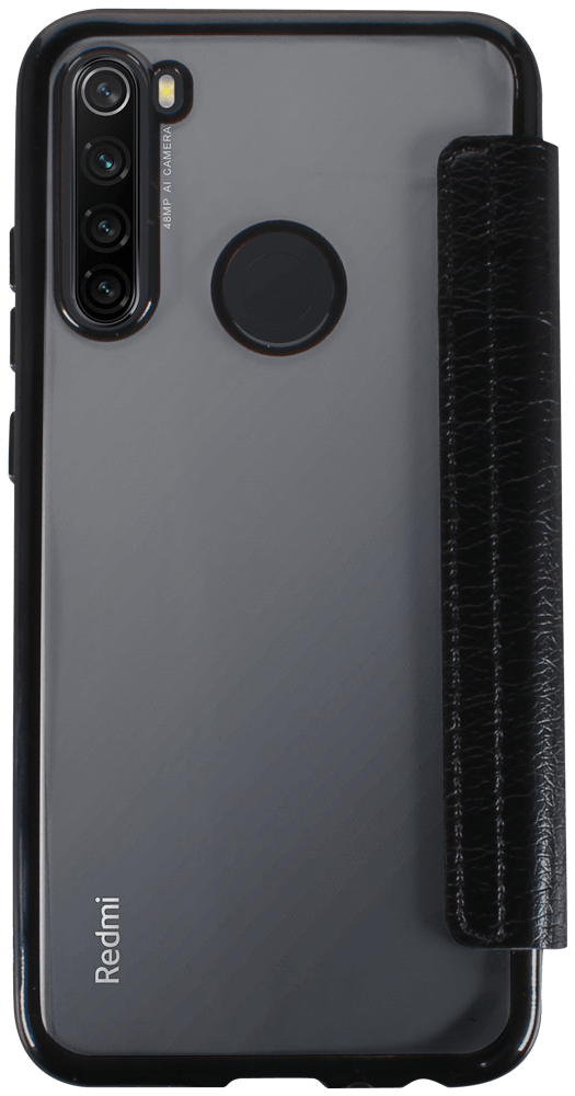 Xiaomi Redmi Note 8 oldalra nyíló flipes bőrtok átlátszó szilikon hátlap, fémhatású keret fekete