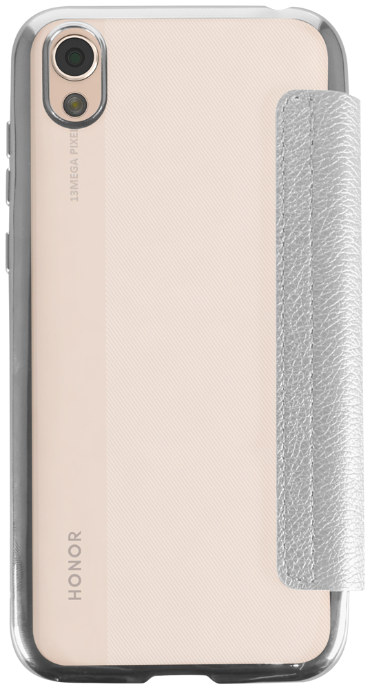 Huawei Honor 8S oldalra nyíló flipes bőrtok átlátszó szilikon hátlap, fémhatású keret ezüst