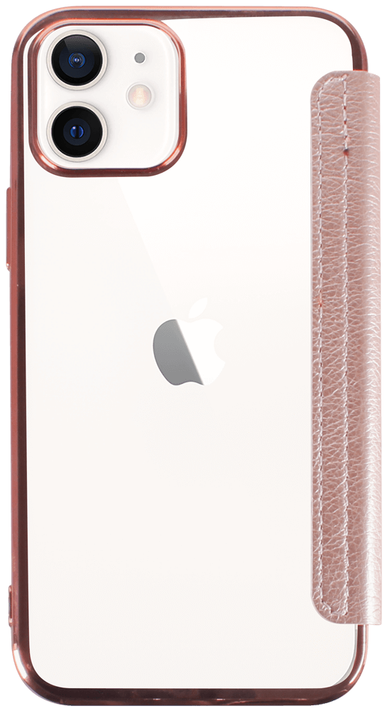 Apple iPhone 12 oldalra nyíló flipes bőrtok átlátszó szilikon hátlap, fémhatású keret rozéarany