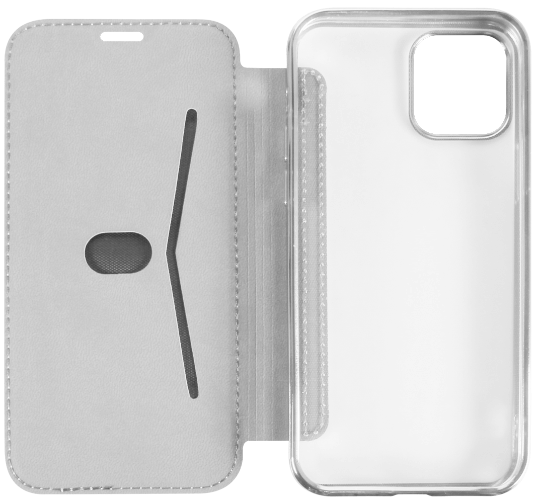 Apple iPhone 12 oldalra nyíló flipes bőrtok átlátszó szilikon hátlap, fémhatású keret ezüst