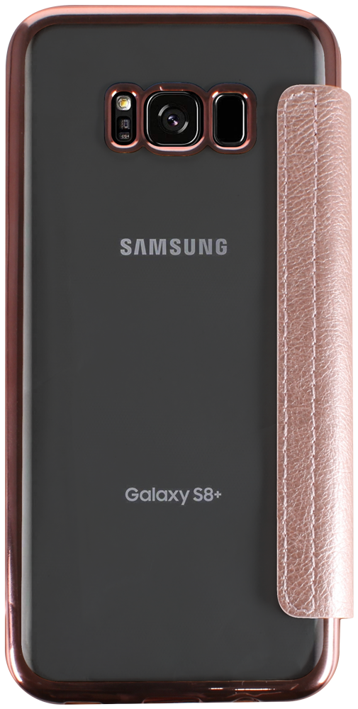 Samsung Galaxy S8 Plus (G955) oldalra nyíló flipes bőrtok átlátszó szilikon hátlap, fémhatású keret rozéarany
