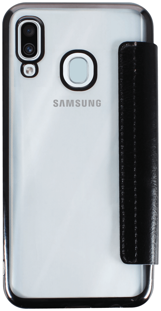 Samsung Galaxy A20e (SM-A202F) oldalra nyíló flipes bőrtok átlátszó szilikon hátlap, fémhatású keret fekete