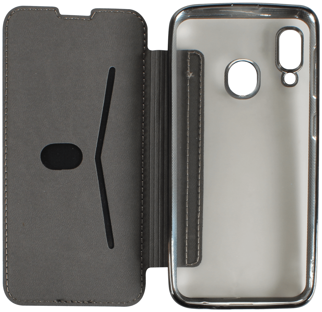 Samsung Galaxy A20e (SM-A202F) oldalra nyíló flipes bőrtok átlátszó szilikon hátlap, fémhatású keret fekete