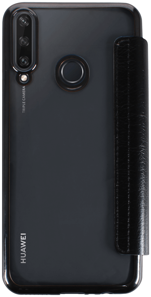 Huawei Y6P oldalra nyíló flipes bőrtok átlátszó szilikon hátlap, fémhatású keret fekete