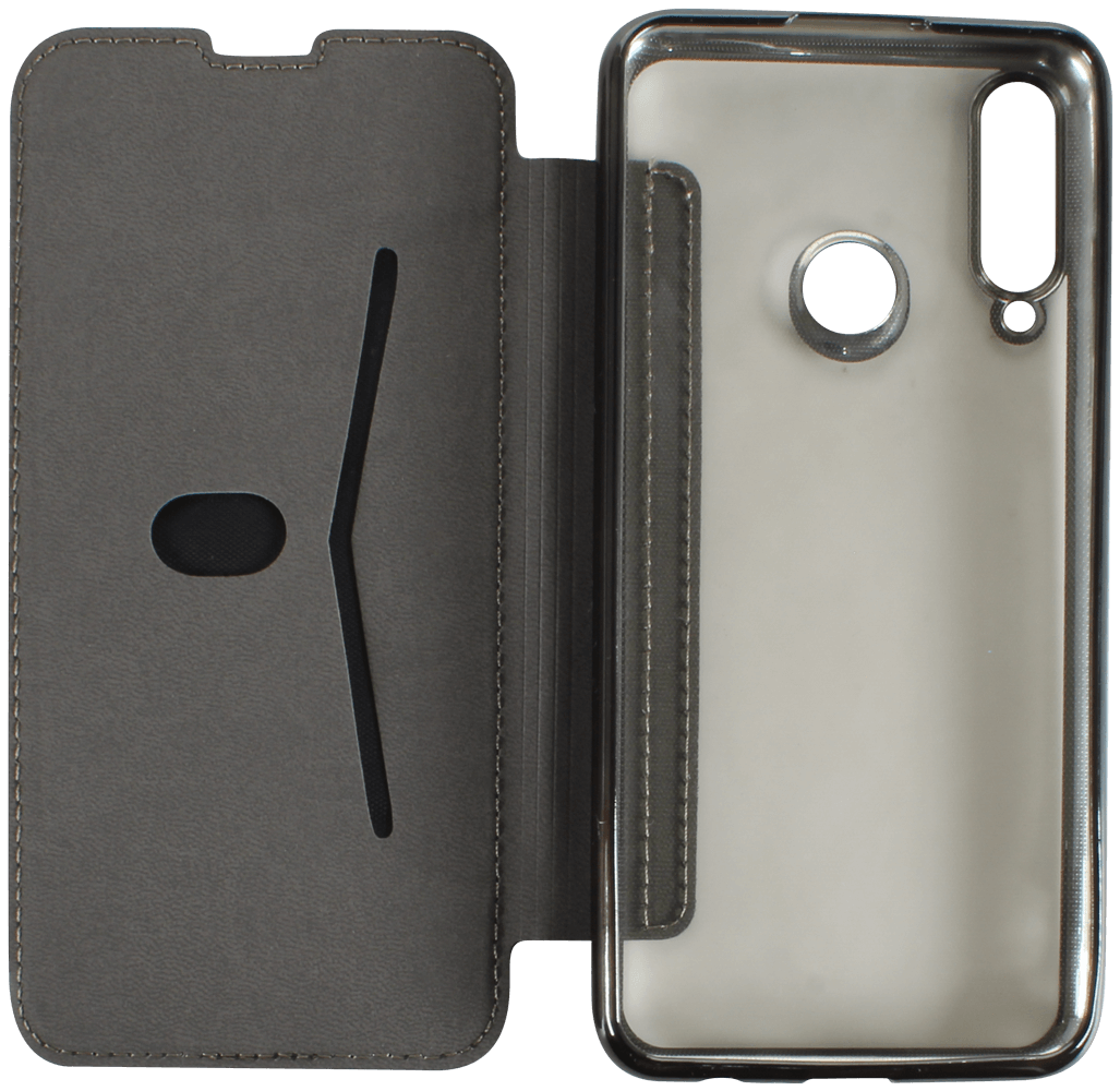 Huawei Y6P oldalra nyíló flipes bőrtok átlátszó szilikon hátlap, fémhatású keret fekete