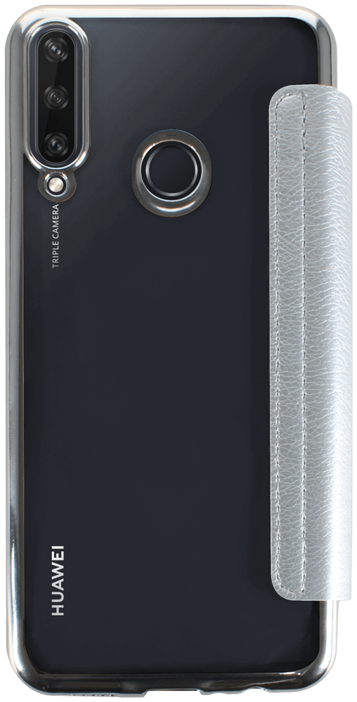 Huawei Y6P oldalra nyíló flipes bőrtok átlátszó szilikon hátlap, fémhatású keret ezüst