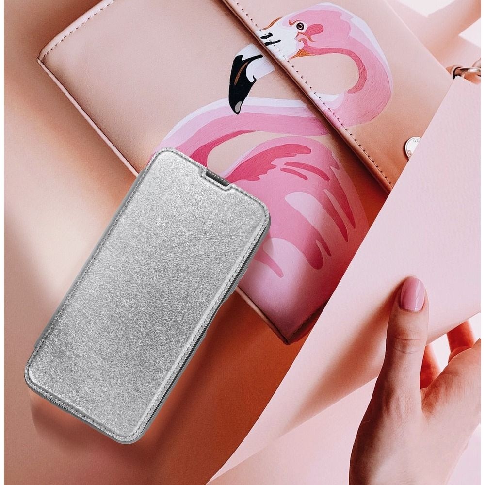 Huawei Y6P oldalra nyíló flipes bőrtok átlátszó szilikon hátlap, fémhatású keret ezüst