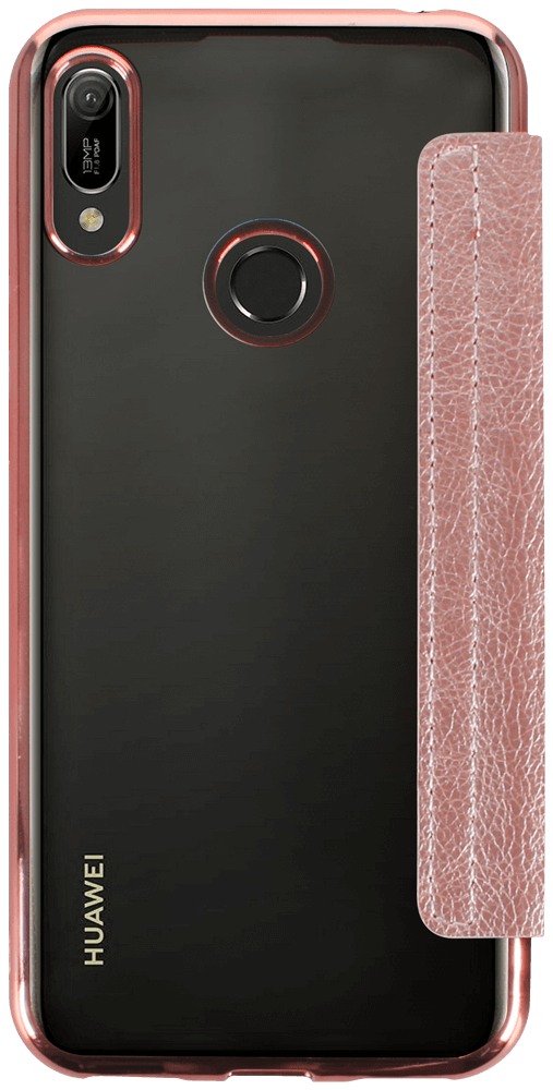 Huawei Y6s (2019) oldalra nyíló flipes bőrtok átlátszó szilikon hátlap, fémhatású keret rozéarany