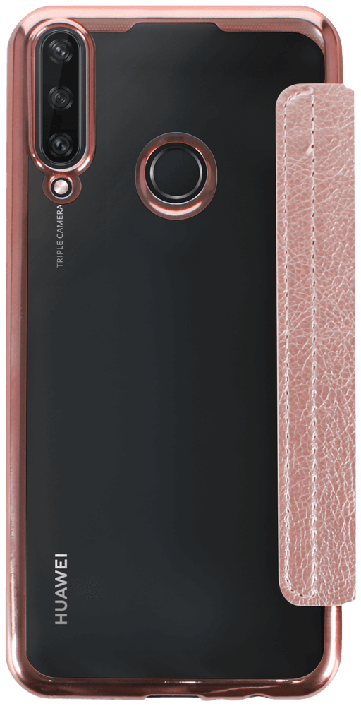 Huawei Y6P oldalra nyíló flipes bőrtok átlátszó szilikon hátlap, fémhatású keret rozéarany