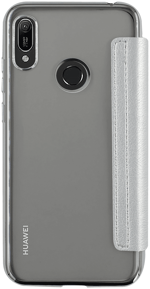 Huawei Y6 2019 (Y6 Prime 2019) oldalra nyíló flipes bőrtok átlátszó szilikon hátlap, fémhatású keret ezüst