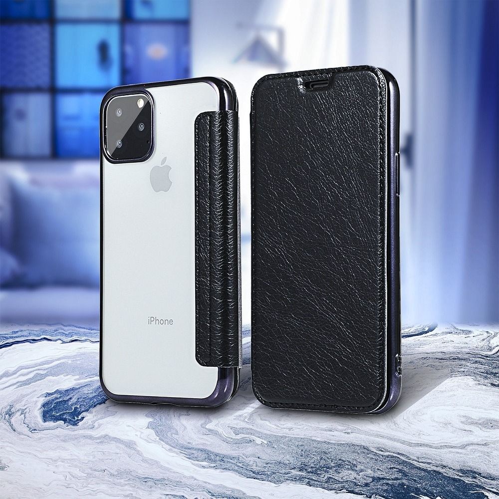 Huawei Y5 Lite 2018 oldalra nyíló flipes bőrtok átlátszó szilikon hátlap, fémhatású keret fekete