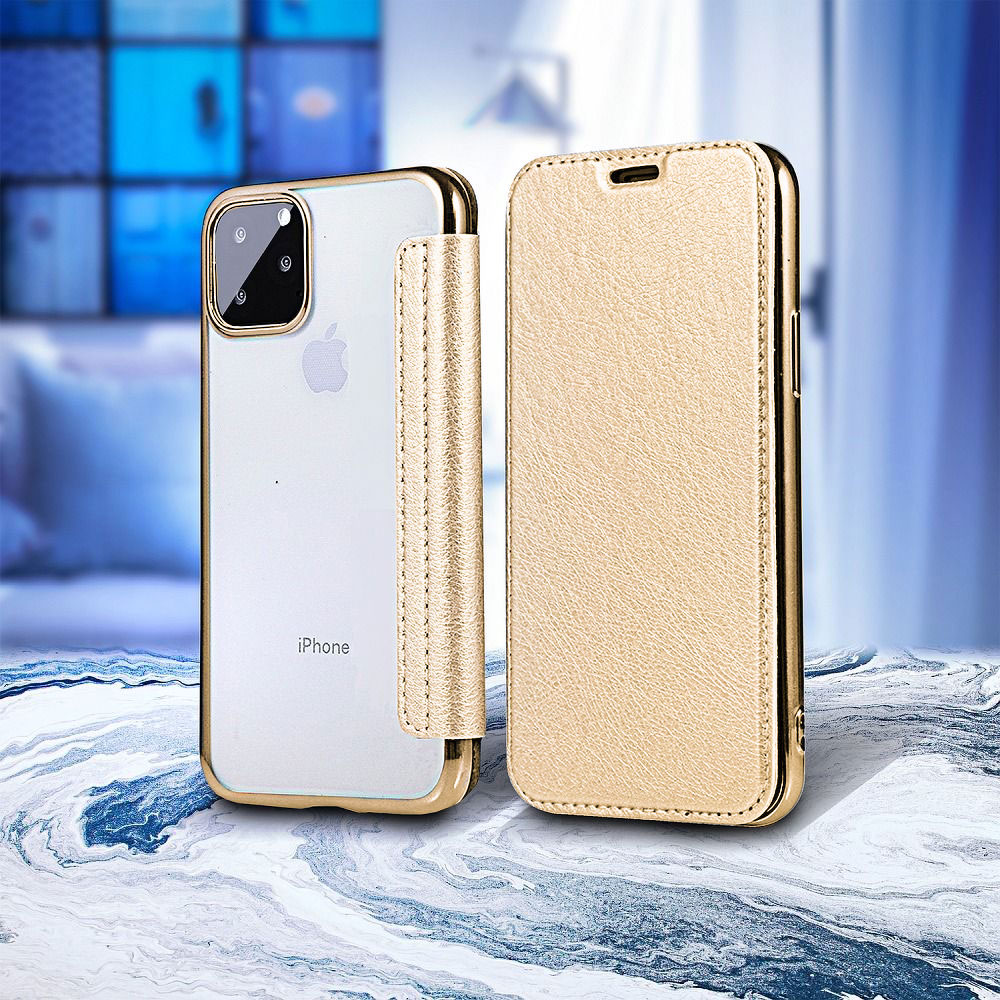 Huawei P40 Lite E oldalra nyíló flipes bőrtok átlátszó szilikon hátlap, fémhatású keret arany