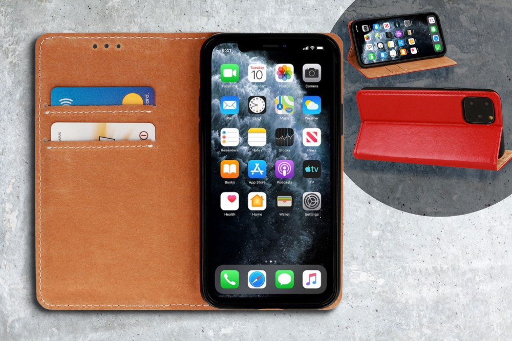 Apple iPhone 12 Pro Max oldalra nyíló flipes bőrtok valódi bőr piros