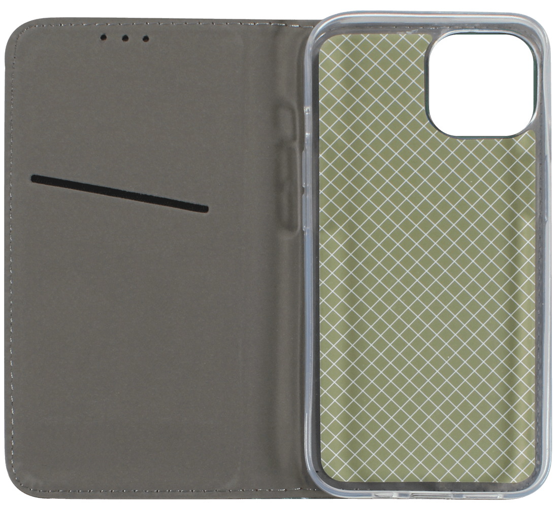 Apple iPhone 14 oldalra nyíló flipes bőrtok asztali tartó funkciós sötétzöld