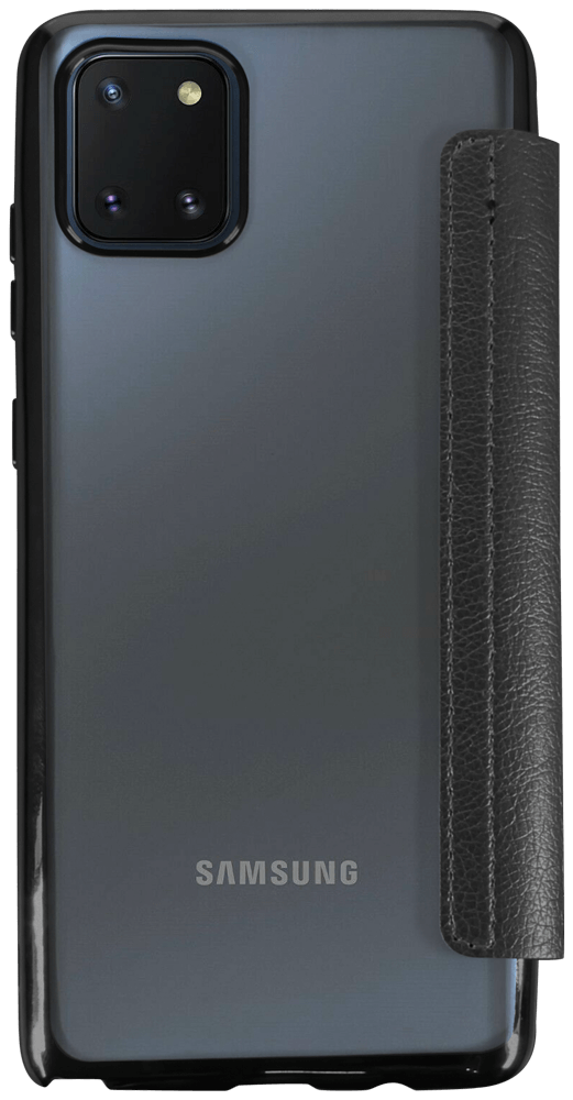 Samsung Galaxy Note 10 Lite (SM-N770F) oldalra nyíló flipes bőrtok átlátszó szilikon hátlap, fémhatású keret fekete