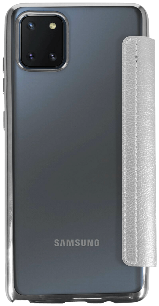 Samsung Galaxy Note 10 Lite (SM-N770F) oldalra nyíló flipes bőrtok átlátszó szilikon hátlap, fémhatású keret ezüst