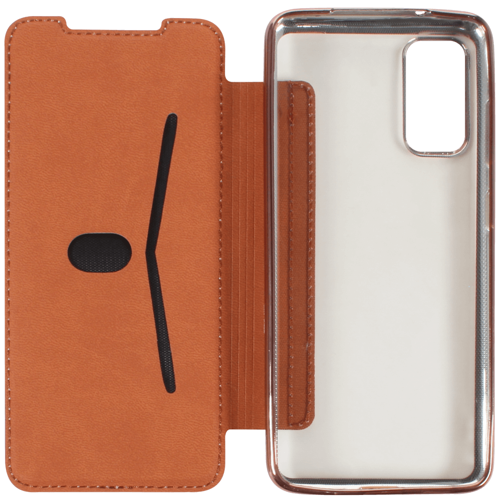 Samsung Galaxy S20 (SM-G980F) oldalra nyíló flipes bőrtok átlátszó szilikon hátlap, fémhatású keret rozéarany