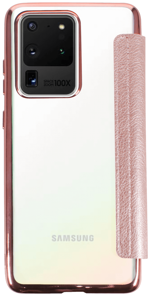 Samsung Galaxy S20 Ultra (SM-G988B) oldalra nyíló flipes bőrtok átlátszó szilikon hátlap, fémhatású keret rozéarany
