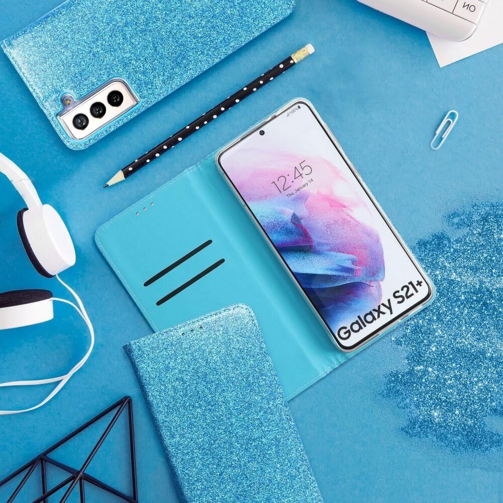 Samsung Galaxy S21 5G (SM-G991B) oldalra nyíló flipes bőrtok csillámos kék