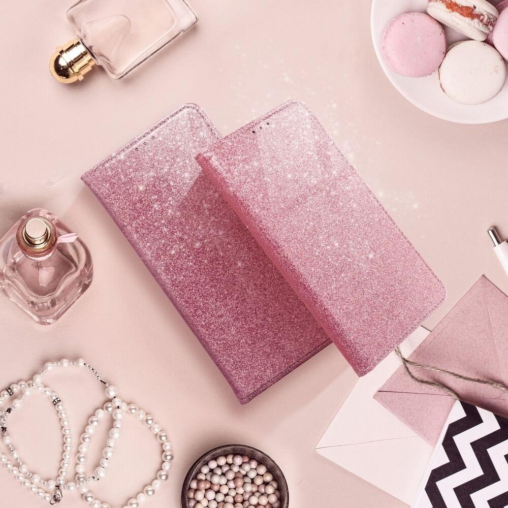 Motorola Moto G 5G Plus oldalra nyíló flipes bőrtok csillámos rozéarany