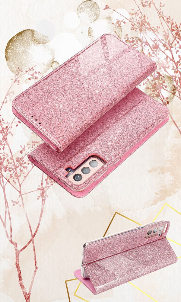 Samsung Galaxy A02s (SM-A025) oldalra nyíló flipes bőrtok csillámos rozéarany