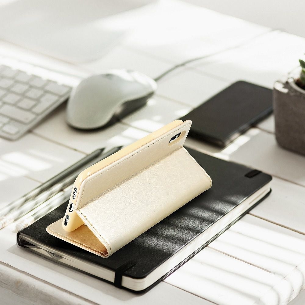 Apple iPhone XS Max oldalra nyíló flipes bőrtok asztali tartó funkciós arany