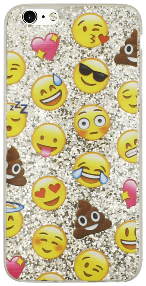 Apple iPhone 6S Plus kemény hátlap emoji mintás, flitteres ezüst