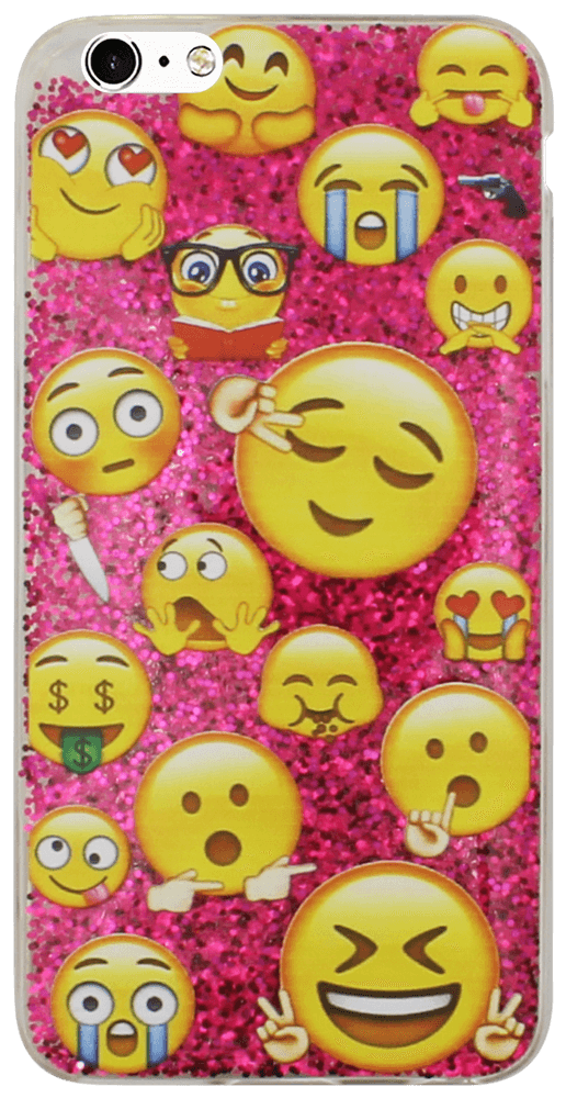 Apple iPhone 6S Plus kemény hátlap emoji mintás, flitteres rózsaszín
