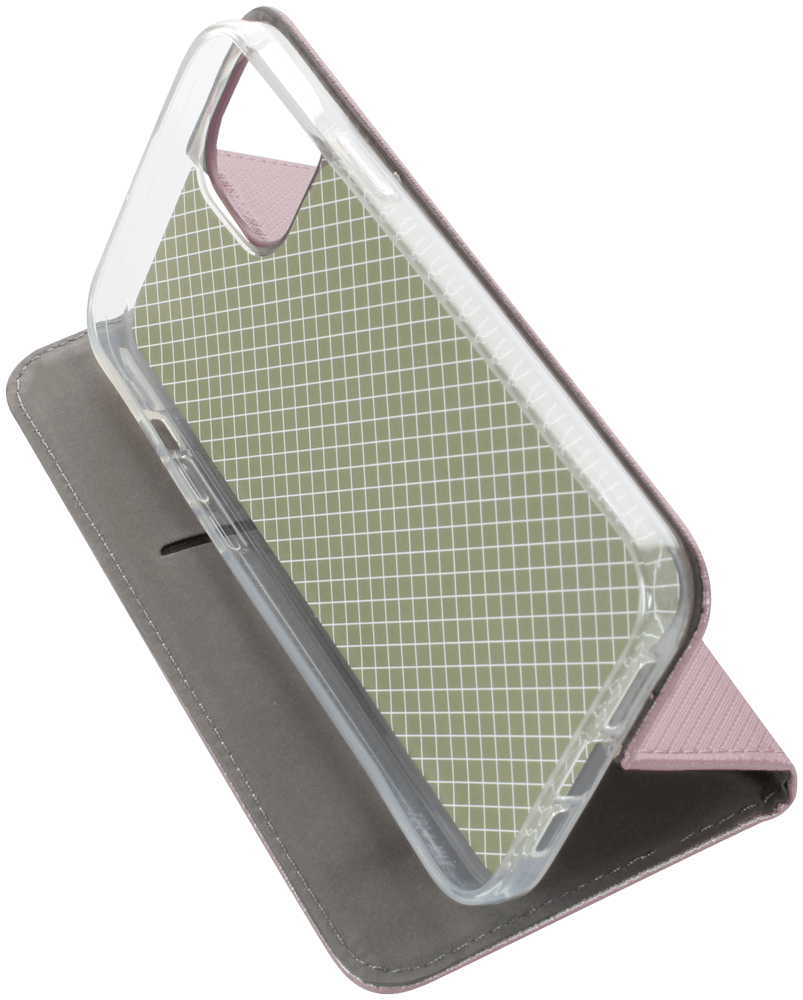 Apple iPhone 14 Plus oldalra nyíló flipes bőrtok rombusz mintás rozéarany