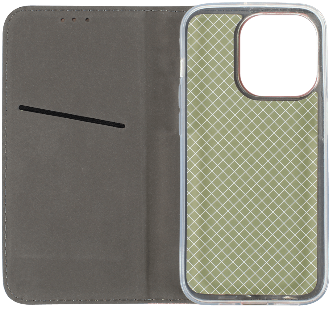 Apple iPhone 14 Pro oldalra nyíló flipes bőrtok rombusz mintás rozéarany