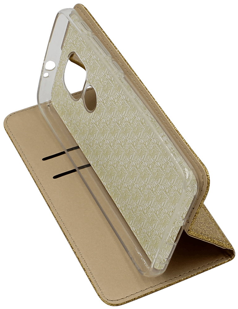 Motorola Moto E7 Plus oldalra nyíló flipes bőrtok csillámos arany