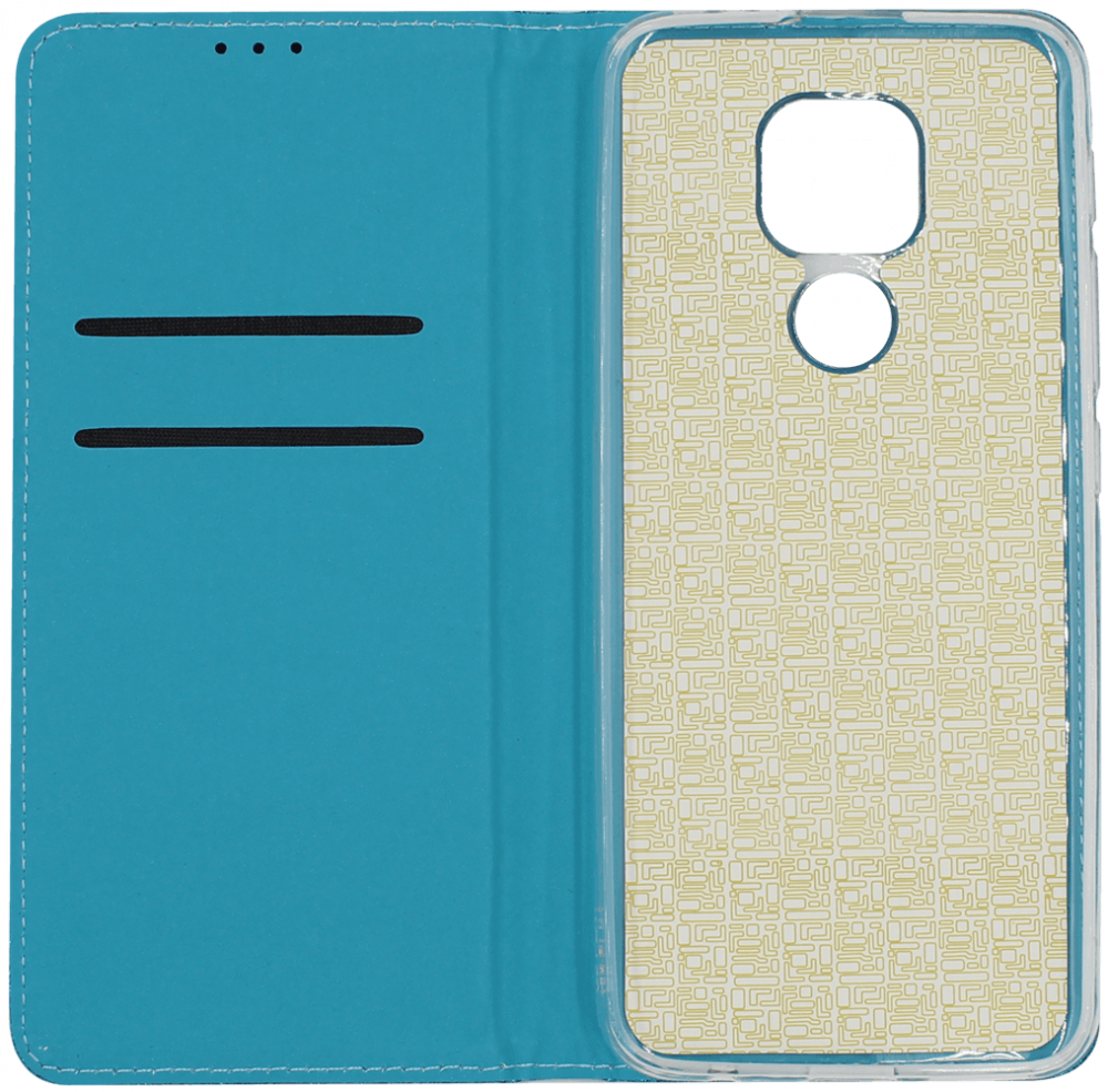 Motorola Moto E7 Plus oldalra nyíló flipes bőrtok csillámos kék