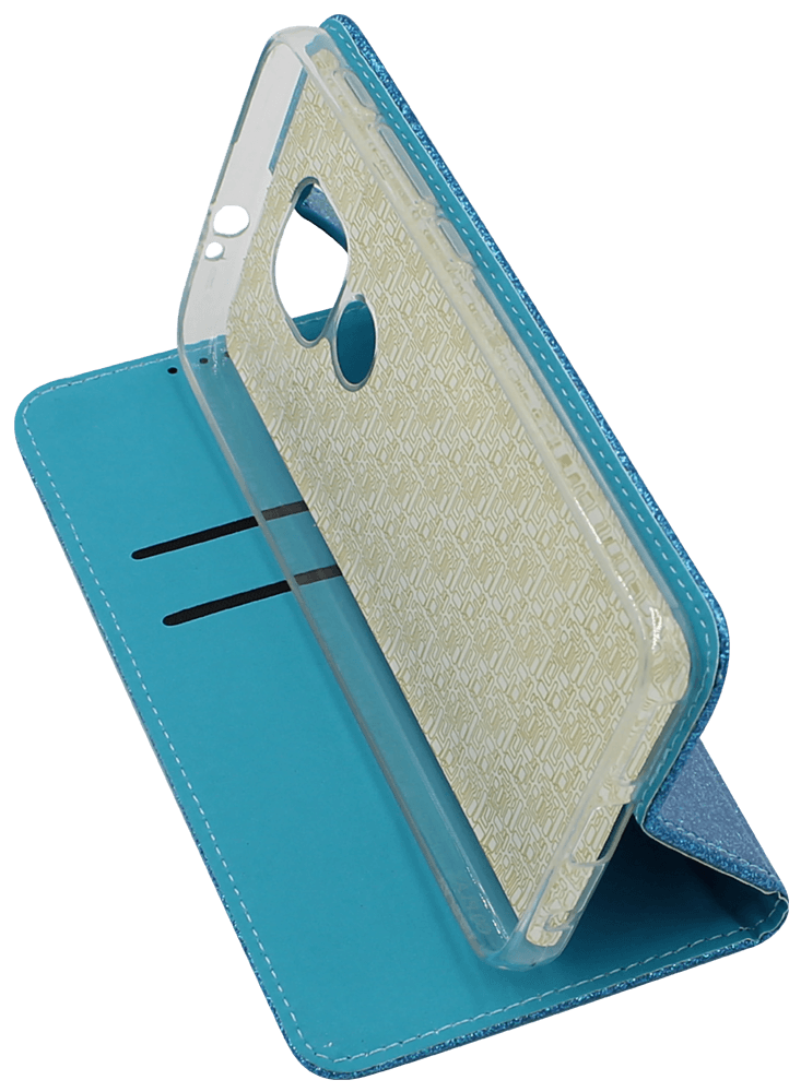 Motorola Moto E7 Plus oldalra nyíló flipes bőrtok csillámos kék