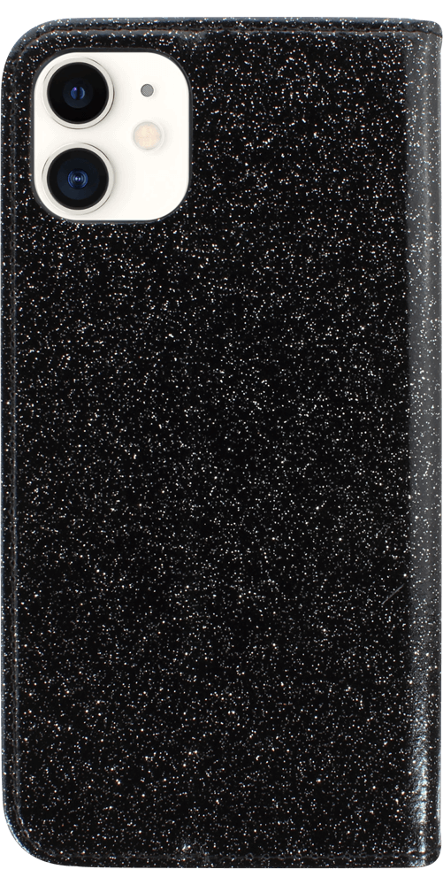 Apple iPhone 11 oldalra nyíló flipes bőrtok csillámos fekete