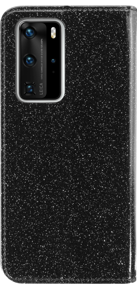 Huawei P40 Pro oldalra nyíló flipes bőrtok csillámos fekete