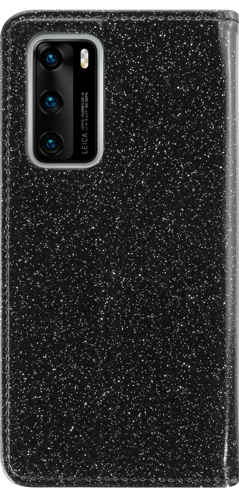 Huawei P40 oldalra nyíló flipes bőrtok csillámos fekete