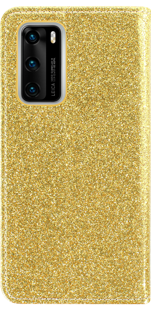 Huawei P40 oldalra nyíló flipes bőrtok csillámos arany