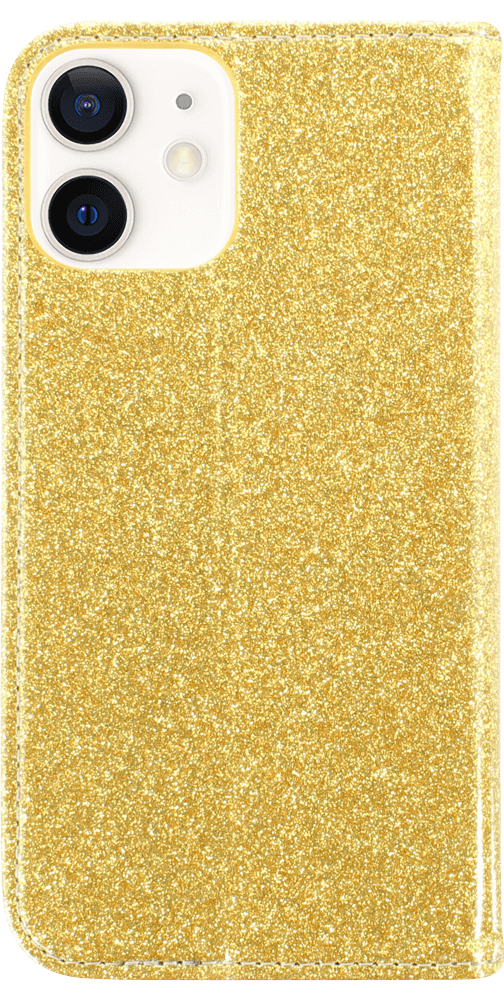 Apple iPhone 12 oldalra nyíló flipes bőrtok csillámos arany