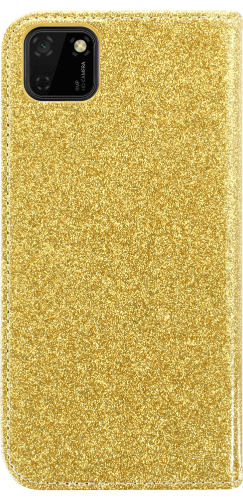 Huawei Y5P oldalra nyíló flipes bőrtok csillámos arany