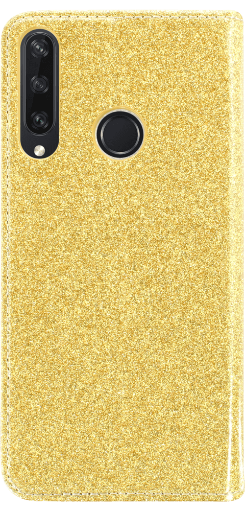 Huawei Y6P oldalra nyíló flipes bőrtok csillámos arany