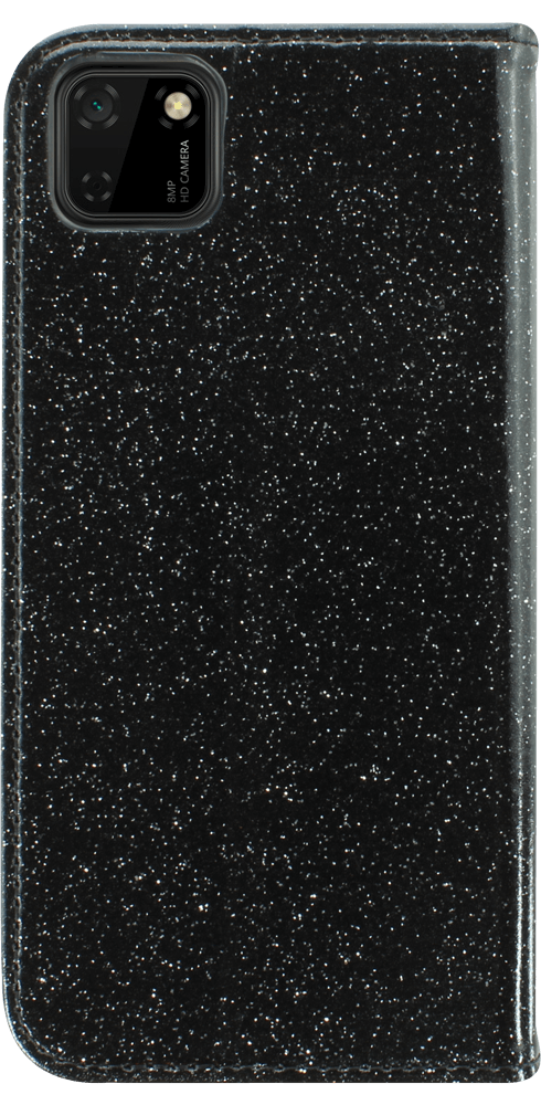 Huawei Y5P oldalra nyíló flipes bőrtok csillámos fekete