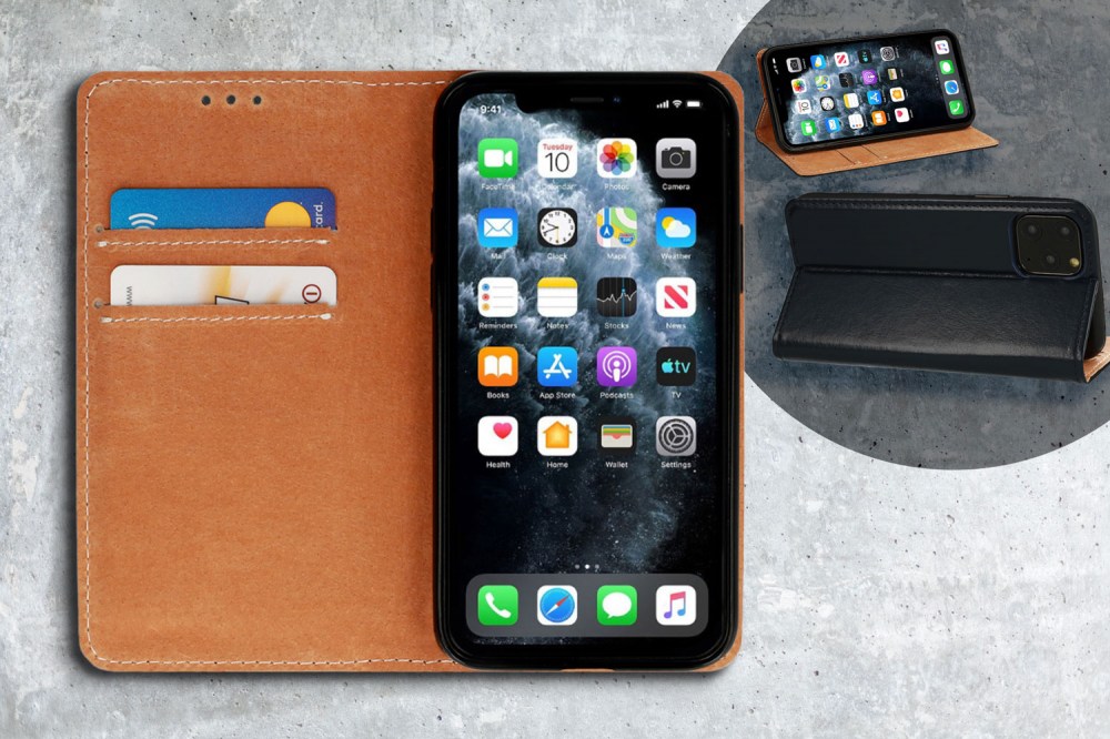 Apple iPhone 14 Pro oldalra nyíló flipes bőrtok valódi bőr fekete