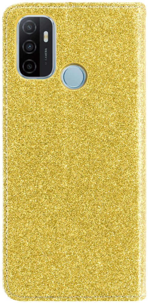 Oppo A53 2020 oldalra nyíló flipes bőrtok csillámos arany