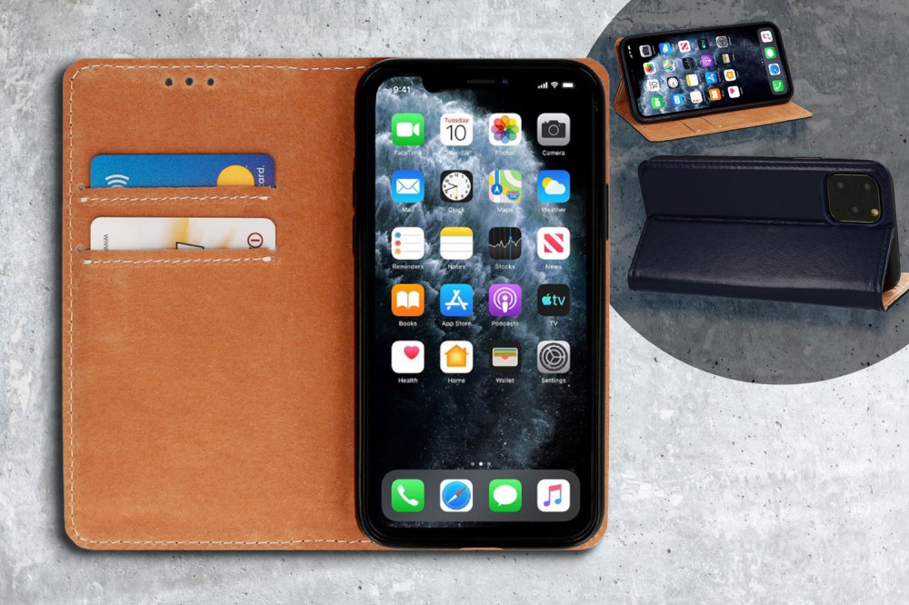Apple iPhone 12 oldalra nyíló flipes bőrtok asztali tartó funkciós sötétkék