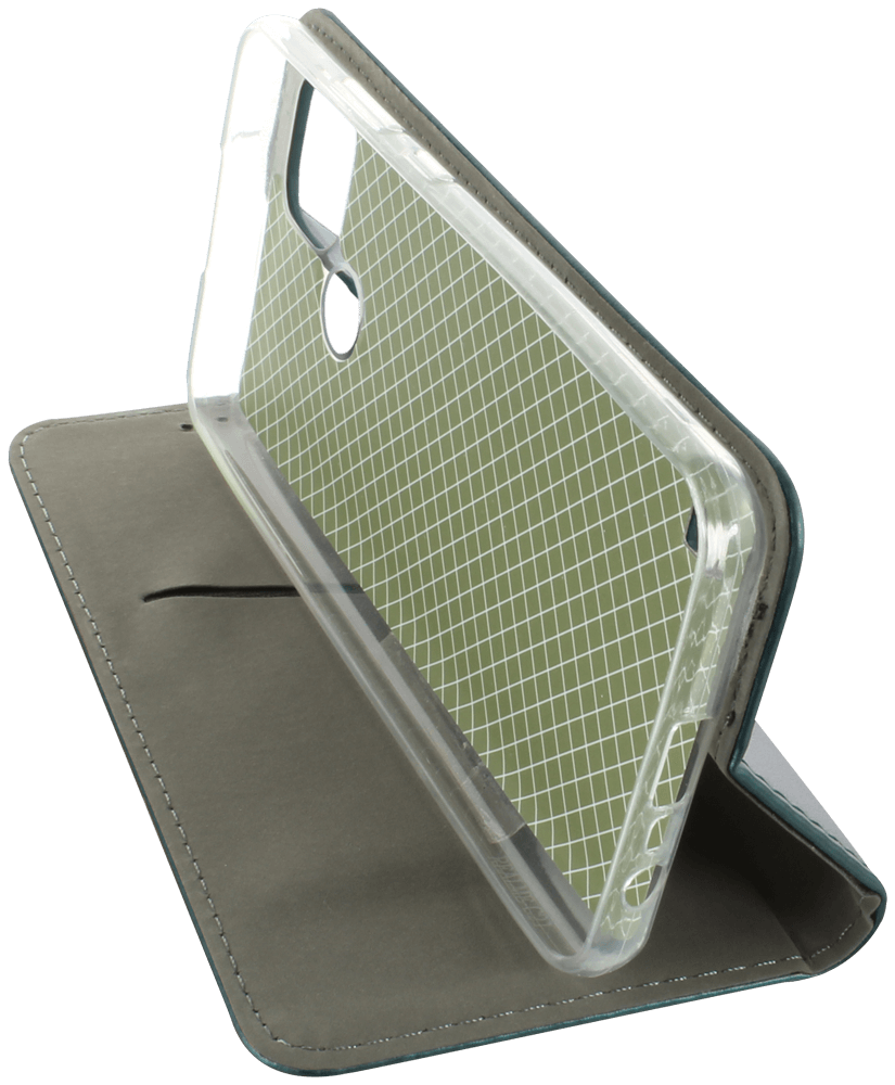 Realme C21 oldalra nyíló flipes bőrtok asztali tartó funkciós sötétzöld