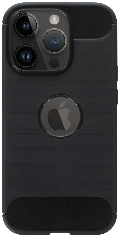 Apple iPhone 14 Pro ütésálló szilikon tok szálcsiszolt-karbon minta légpárnás sarok logó kihagyós fekete