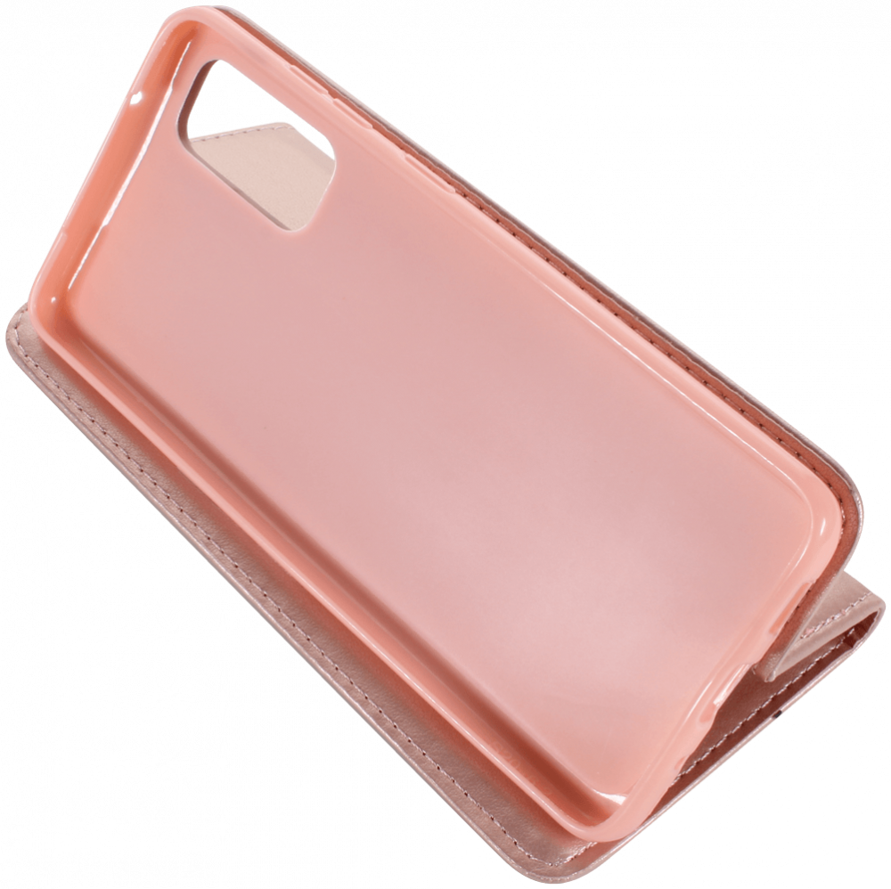 Samsung Galaxy S20 5G (SM-G981F) oldalra nyíló flipes bőrtok asztali tartó funkciós rozéarany