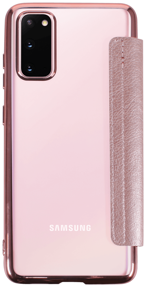Samsung Galaxy S20 5G (SM-G981F) oldalra nyíló flipes bőrtok átlátszó szilikon hátlap, fémhatású keret rozéarany