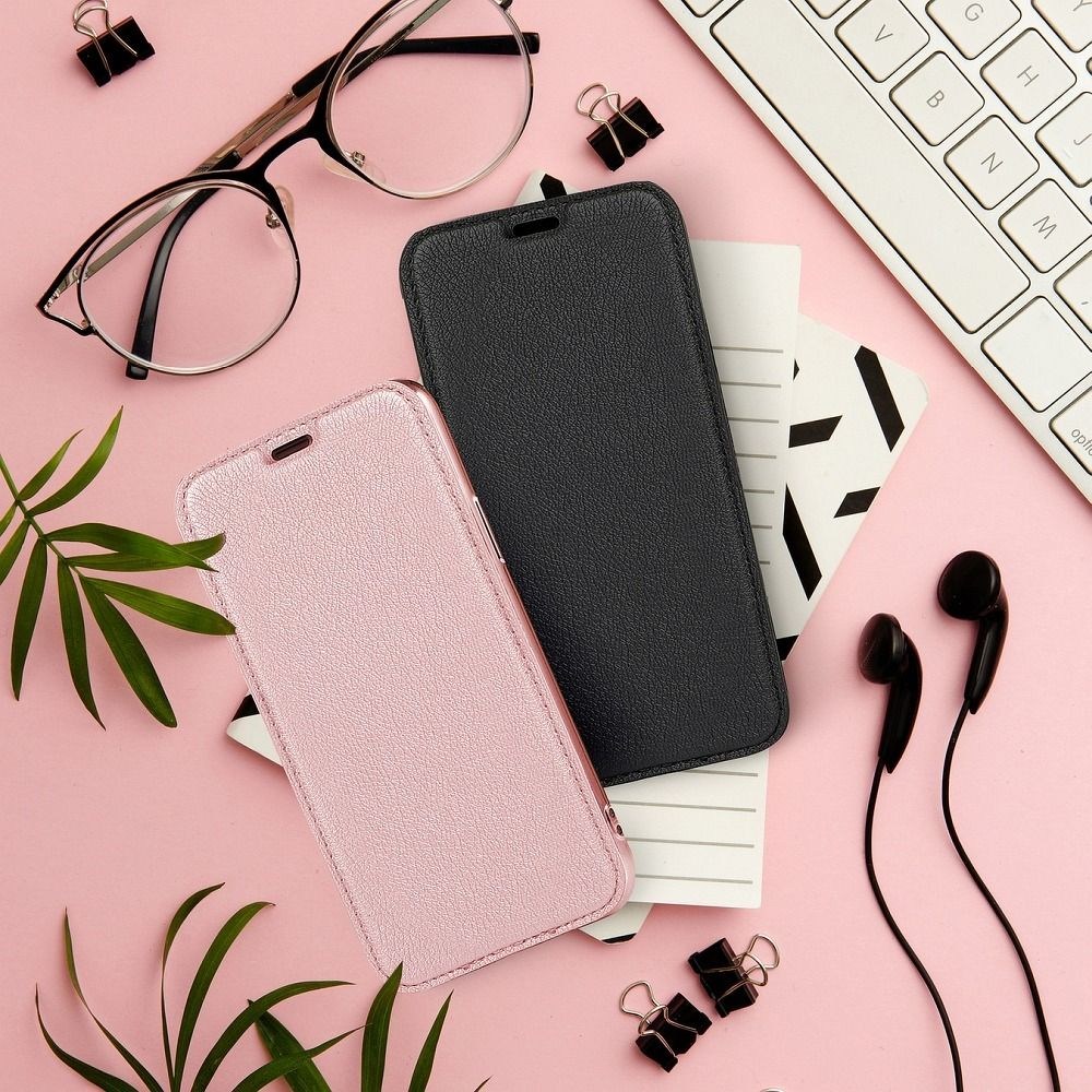 Samsung Galaxy S20 Ultra 5G (SM-G988B) oldalra nyíló flipes bőrtok átlátszó szilikon hátlap, fémhatású keret rozéarany